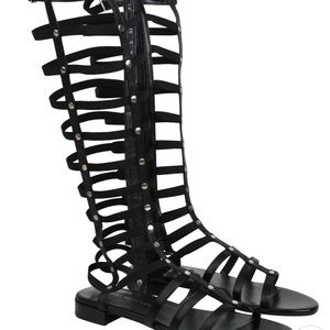 STUART WEITZMAN WOMEN'S GLADIATOR BLACK LEATHER ELASTIC STRETCH BOOTS